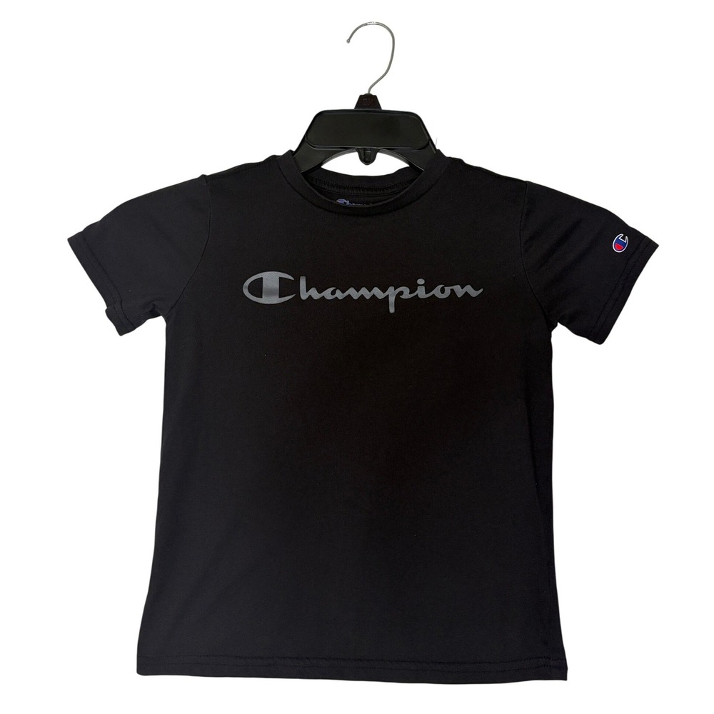 Champion Boys Graphic T-Shirt Black Silver Script Logo Size 6 Short Sleeve Tee